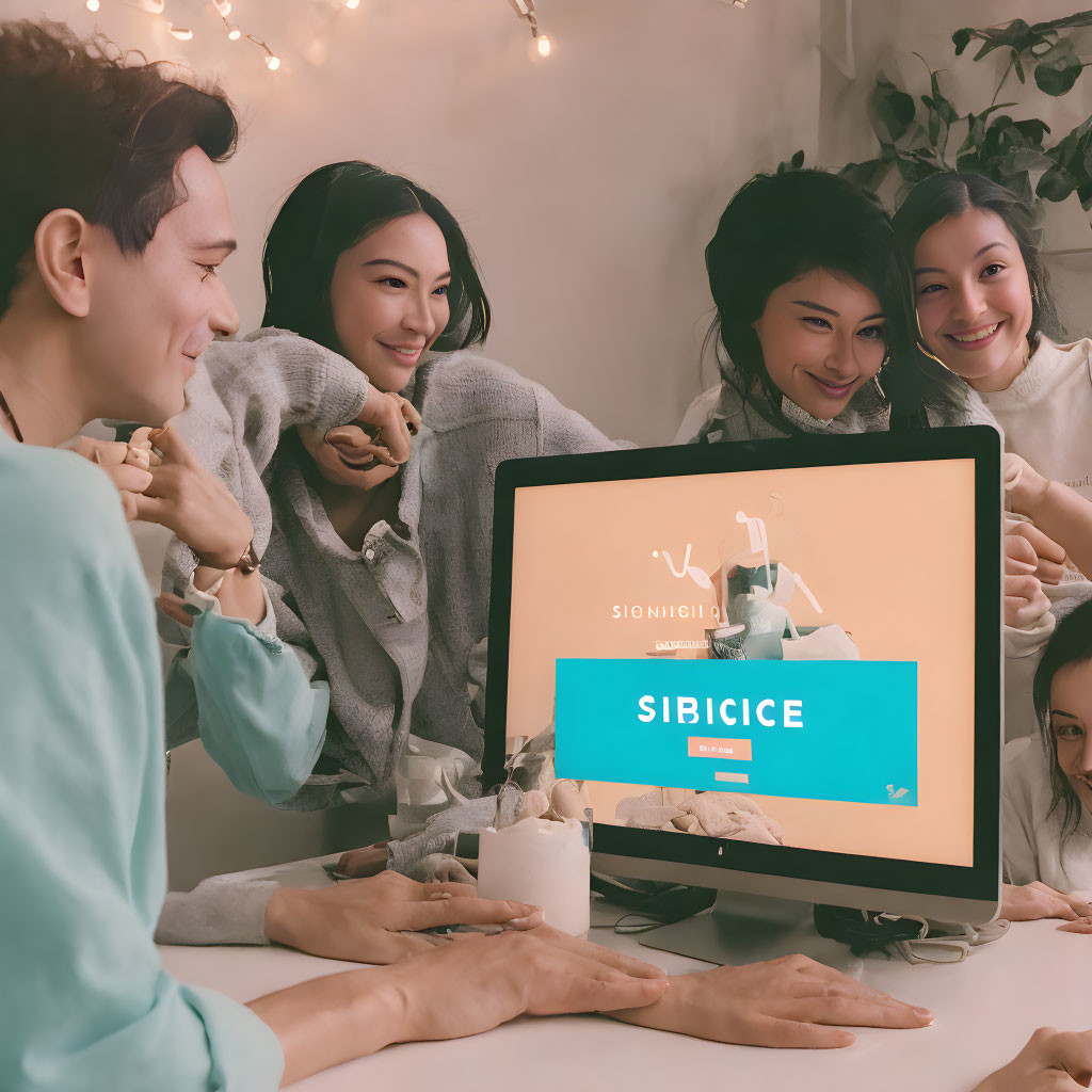 Joyful young group views vibrant website on computer screen