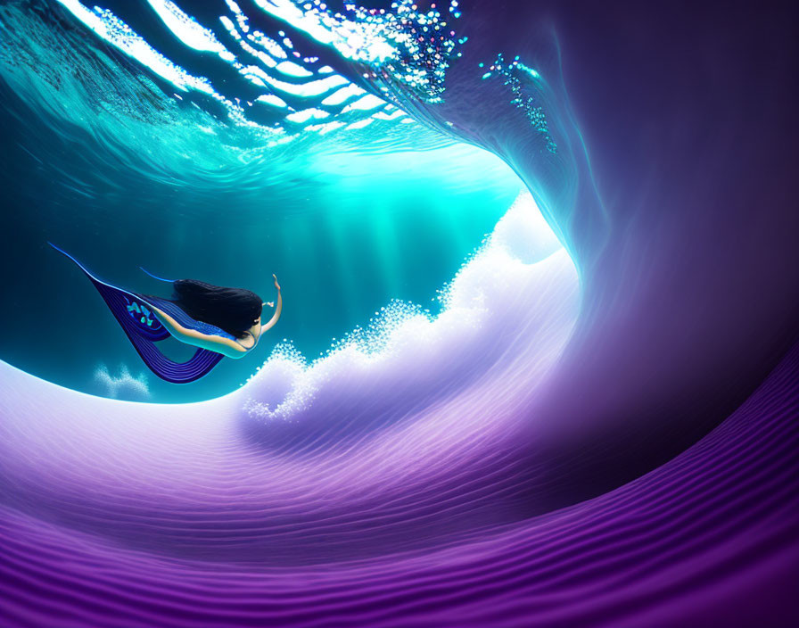 Person surfing surreal purple wave with vibrant blue undercurrent