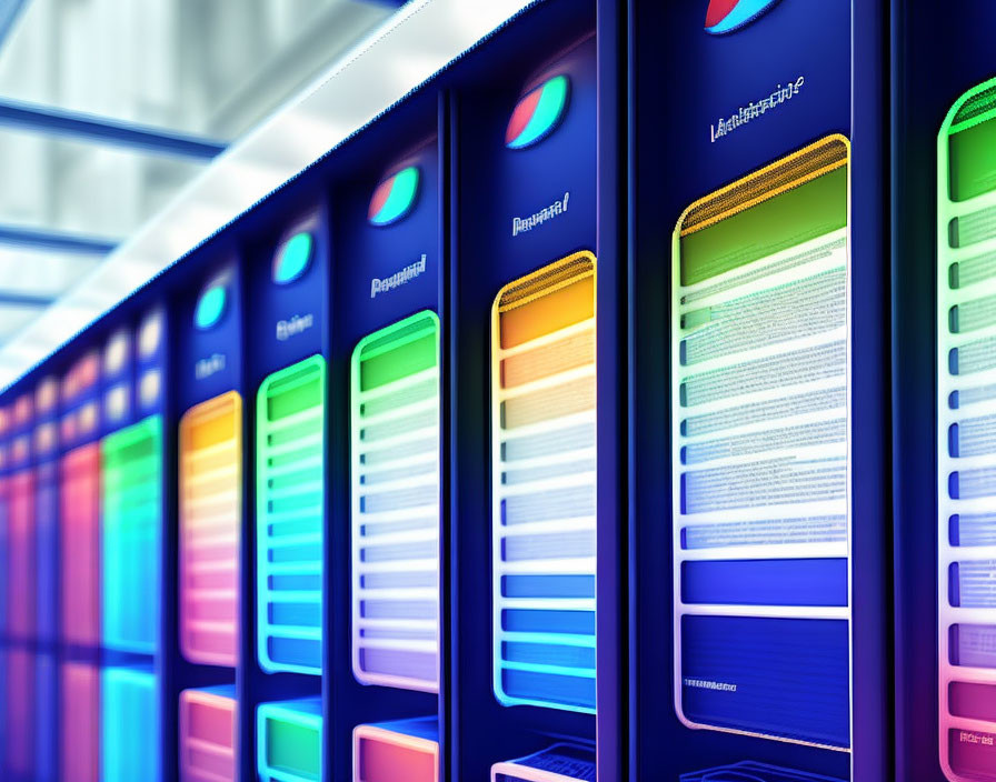 Vibrant, illuminated server racks in modern data center