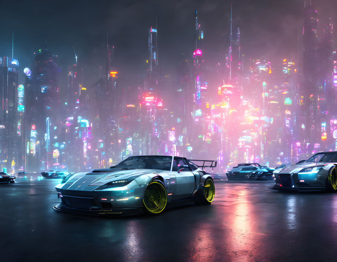 Neon-lit futuristic cityscape with sleek sports cars on wet street