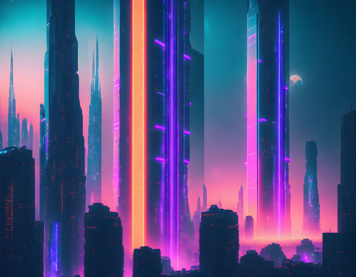 Neon-lit skyscrapers in futuristic cityscape at dusk