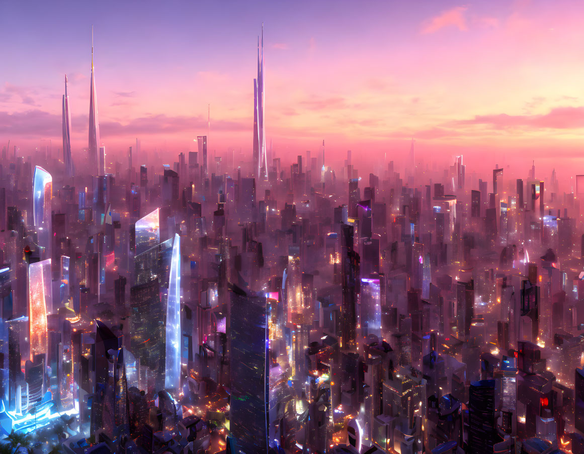 High-Resolution Futuristic Cityscape at Dusk with Neon Skyscrapers