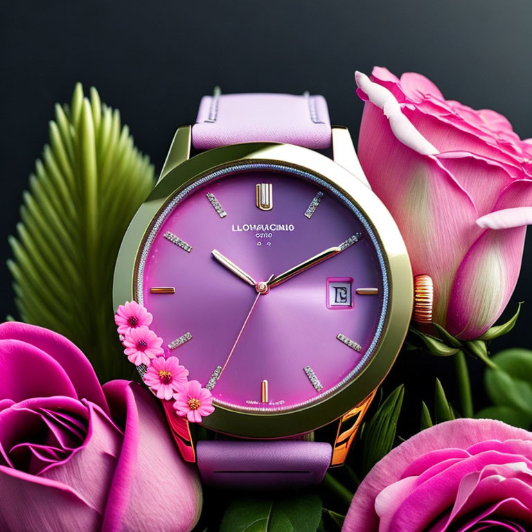 Luxurious Purple Watch with Gold Accents Among Pink Roses on Dark Background