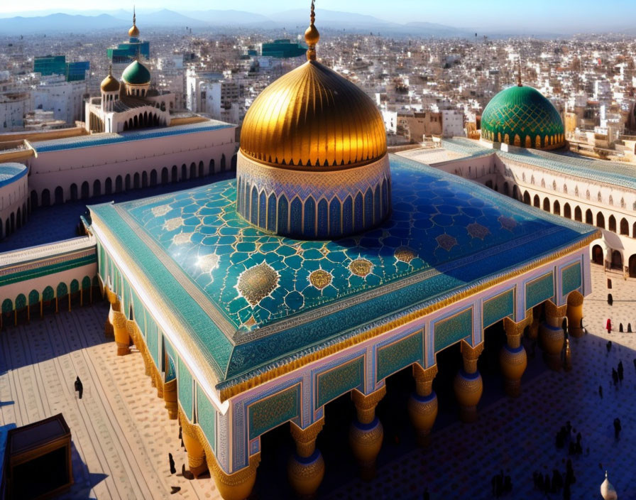Grand Mosque with Blue and Gold Domes in Cityscape Aerial View