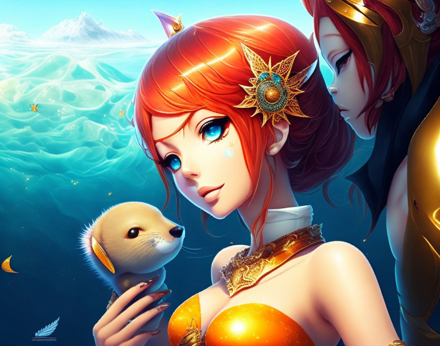 Illustration of red-haired female with blue eyes holding seal pup in ocean setting