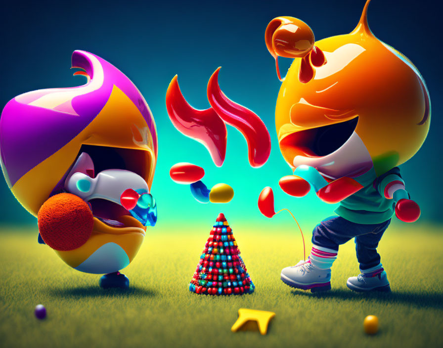 Stylized animated characters with exaggerated features in fiery orange and cool purple face off in intense confrontation.