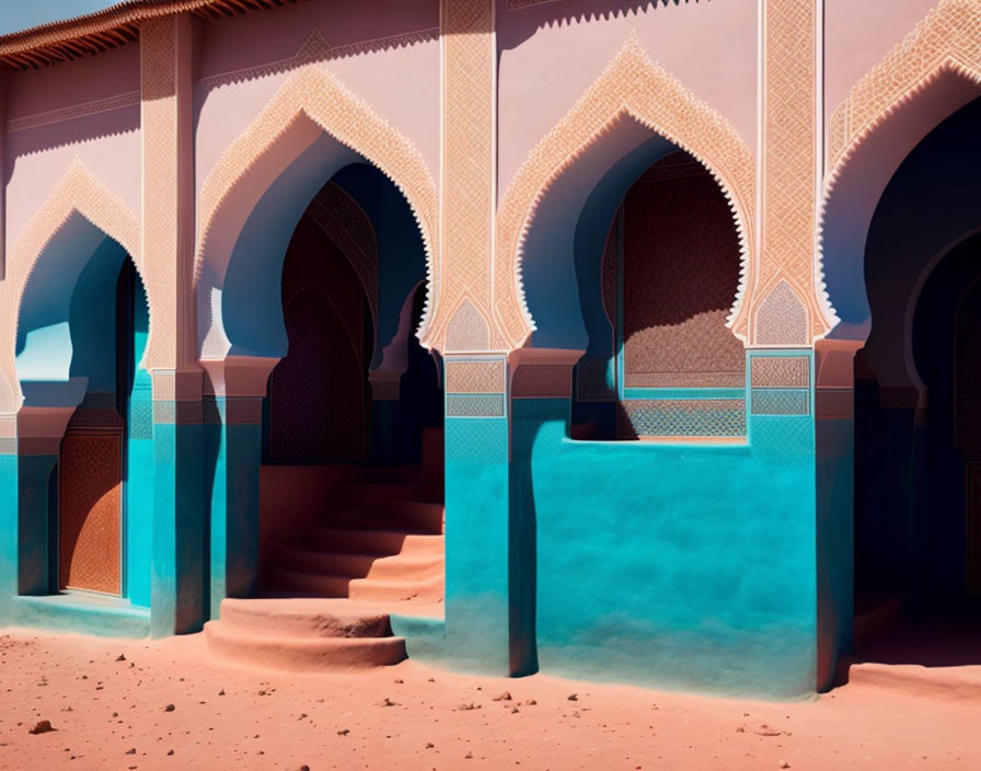 Colorful Moroccan architecture with ornate archways and steps in blue and pink