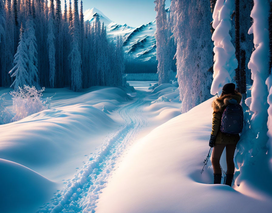 Person in winter gear on snowy forest path at twilight