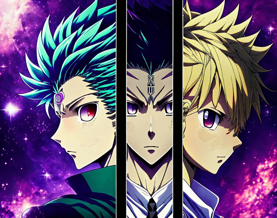 Anime characters with spiky blue and blonde hair, alongside a third character with dark hair, set