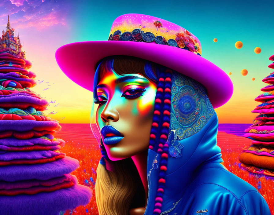 Colorful Digital Artwork: Woman with Hat and Jacket in Surreal Landscape