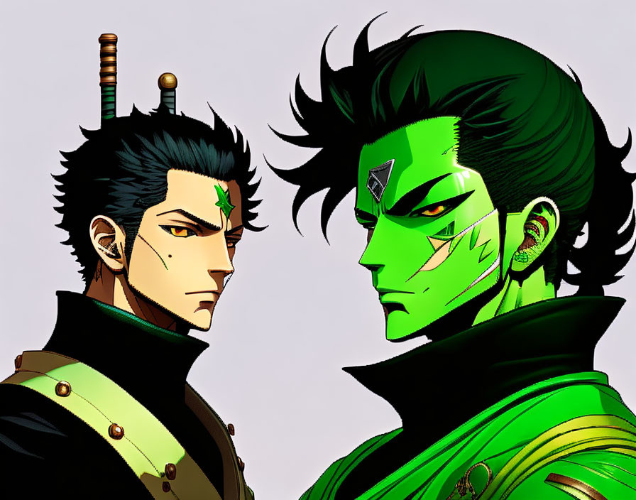 Stylized male characters with side-swept hair and green skin.