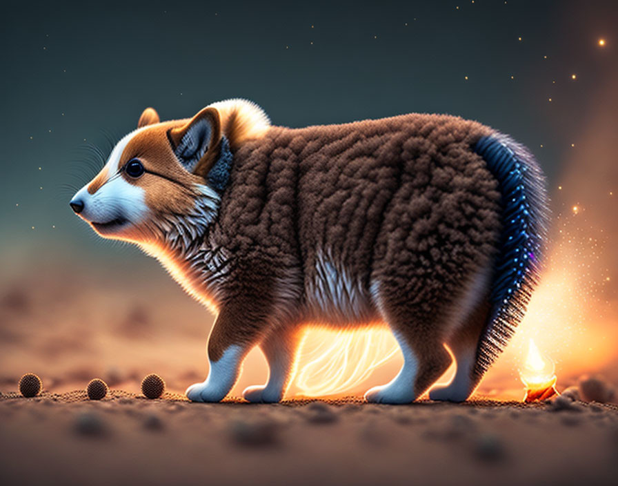 Digital artwork: Corgi with oversized squirrel tail in fantastical landscape