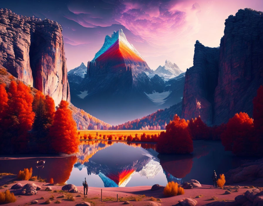 Colorful Autumn Landscape with Lake, Person, and Mountain at Twilight