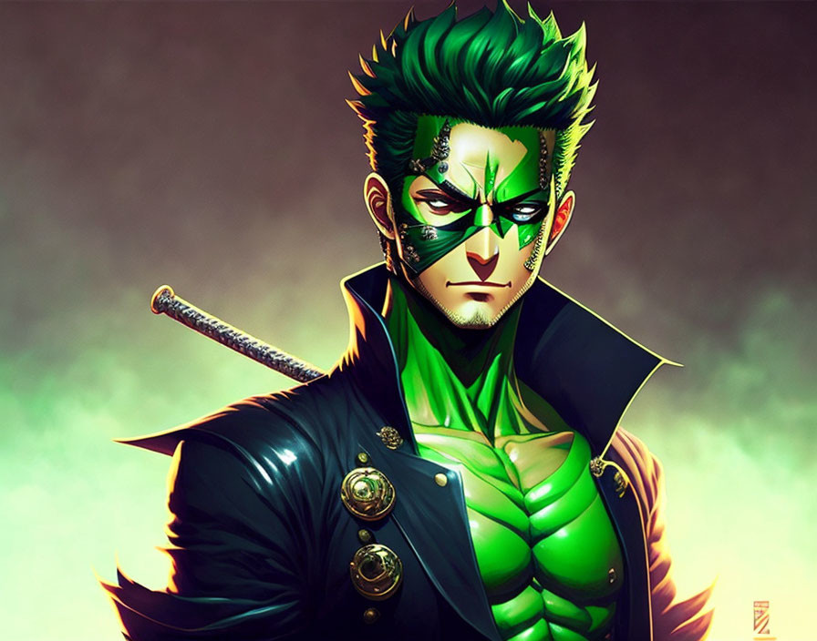 Muscular green-skinned male character with spiked hair and sword, wearing black jacket.