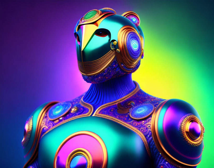 Colorful Futuristic Robot Artwork with Neon Lights and Patterns