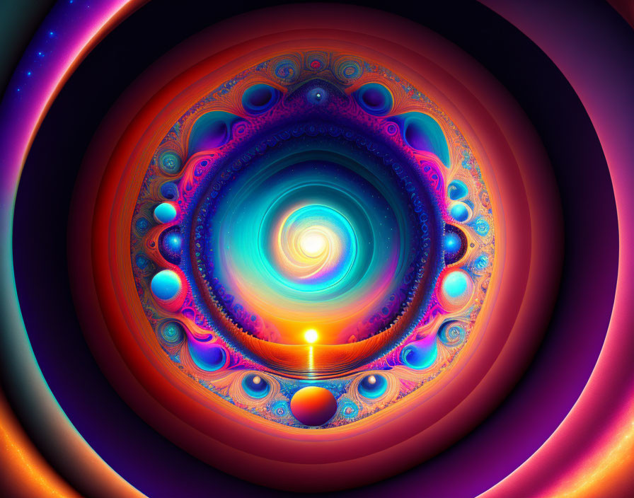 Colorful Abstract Fractal Art with Concentric Circles in Blue, Orange, and Purple