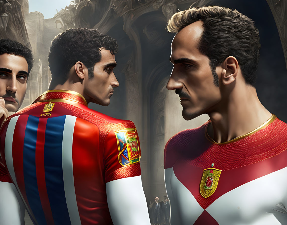 Stylized animated football players in serious poses with stadium background