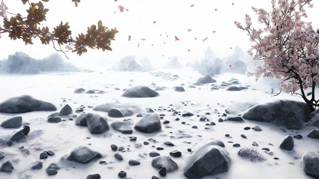 Snow-covered wintry landscape with cherry blossom tree and pink petals.