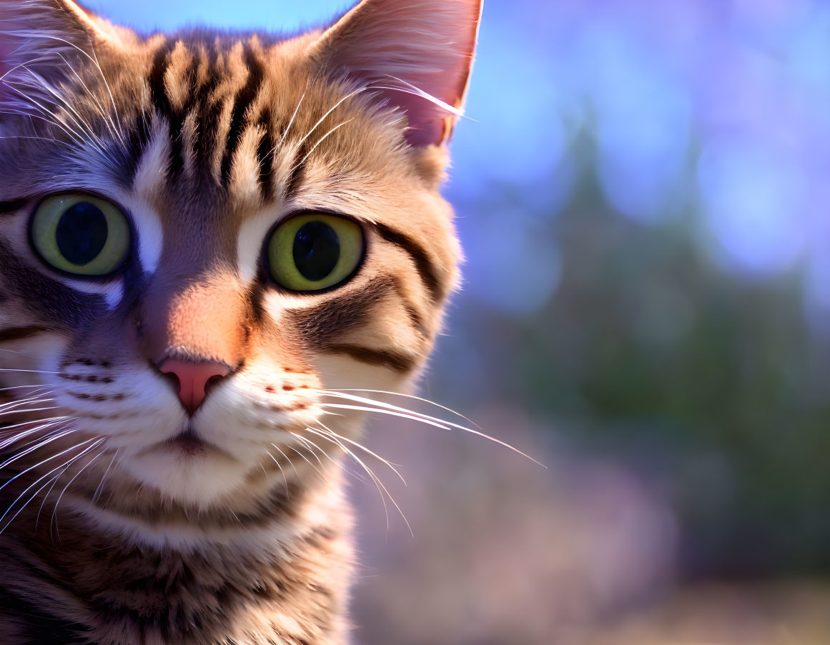 Tabby Cat Close-Up with Green Eyes and Whiskers in Focus