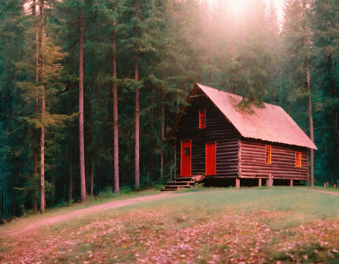 Serene forest clearing with quaint wooden cabin and red door