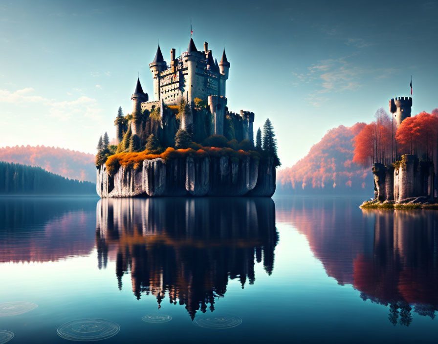 Majestic castle on cliff with lake reflection and autumn trees