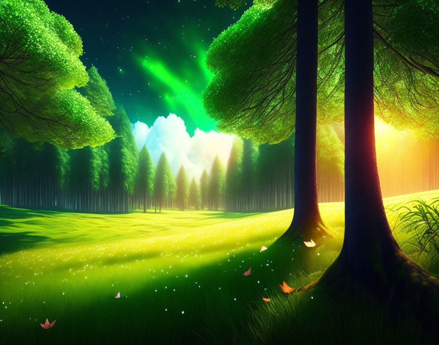 Lush Green Forest with Fireflies, Aurora Sky, Sunlight, and Autumn Leaves