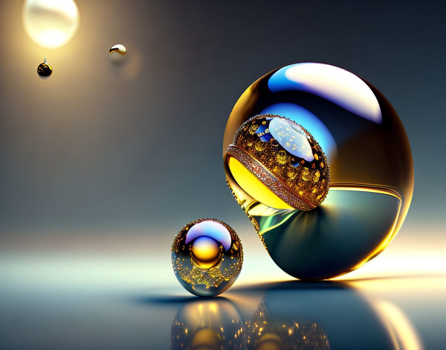 Surreal 3D-rendered image: Glossy spheres with golden details