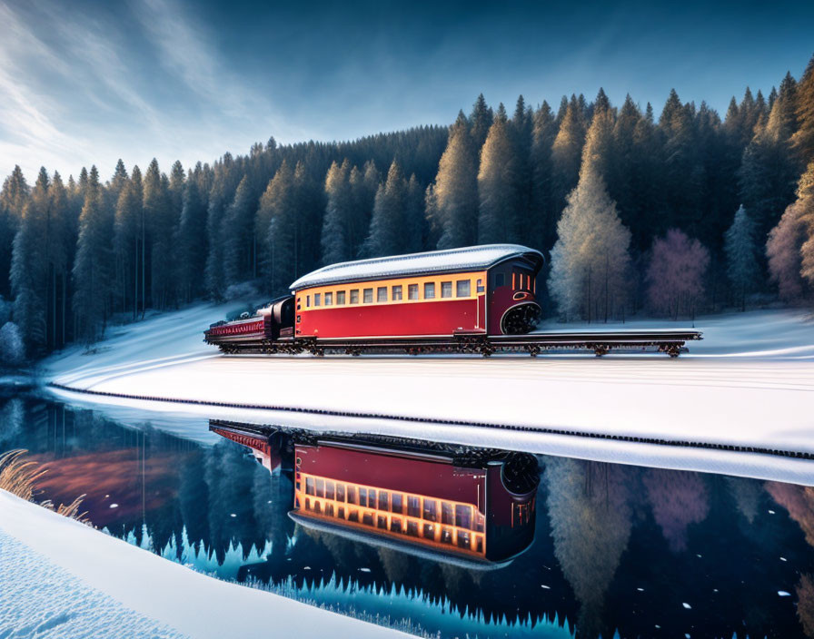 Vintage Train in Snowy Landscape Reflected on Lake