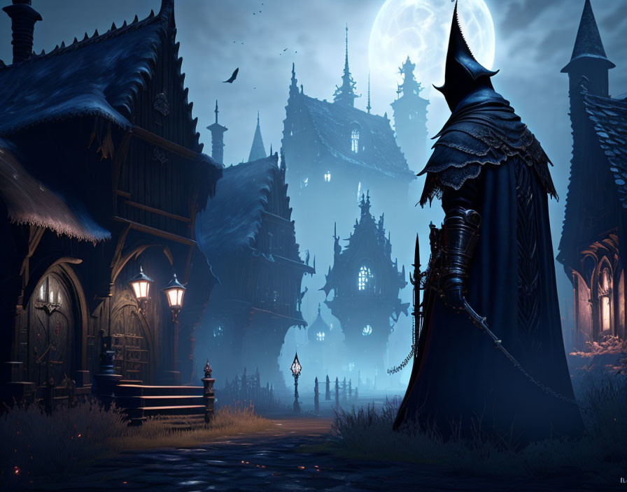 Cloak-clad figure in gothic village under full moon