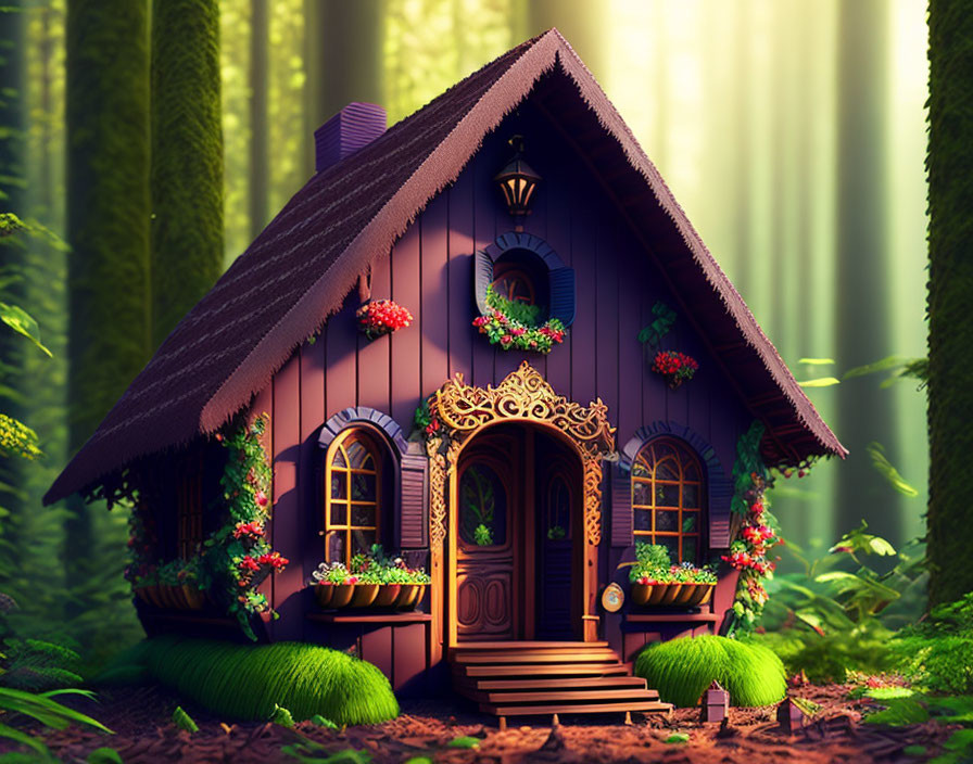 Quaint woodland cottage surrounded by lush forest sunlight