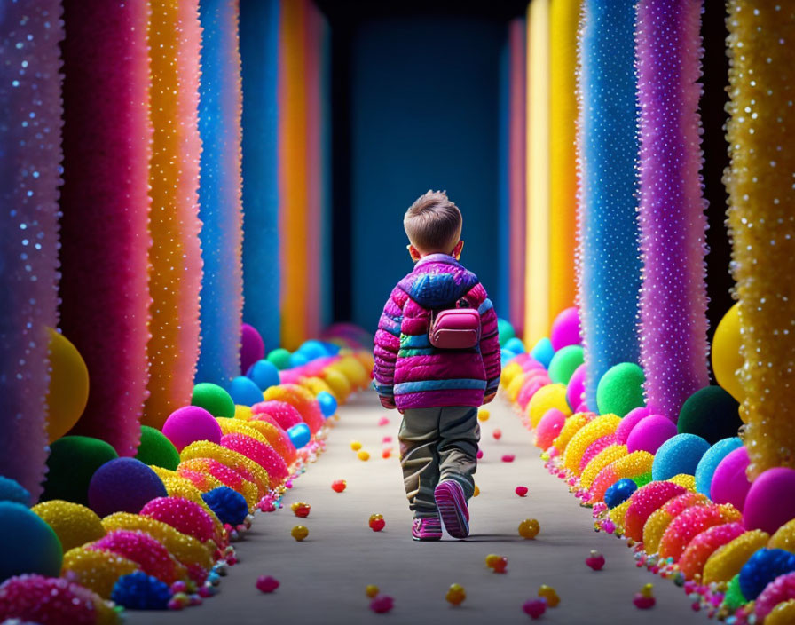 Child in Colorful Tunnel with Hanging Balls and Pink Backpack