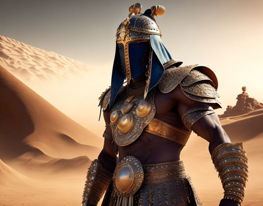 Ancient Persian warrior in ornate armor in desert setting