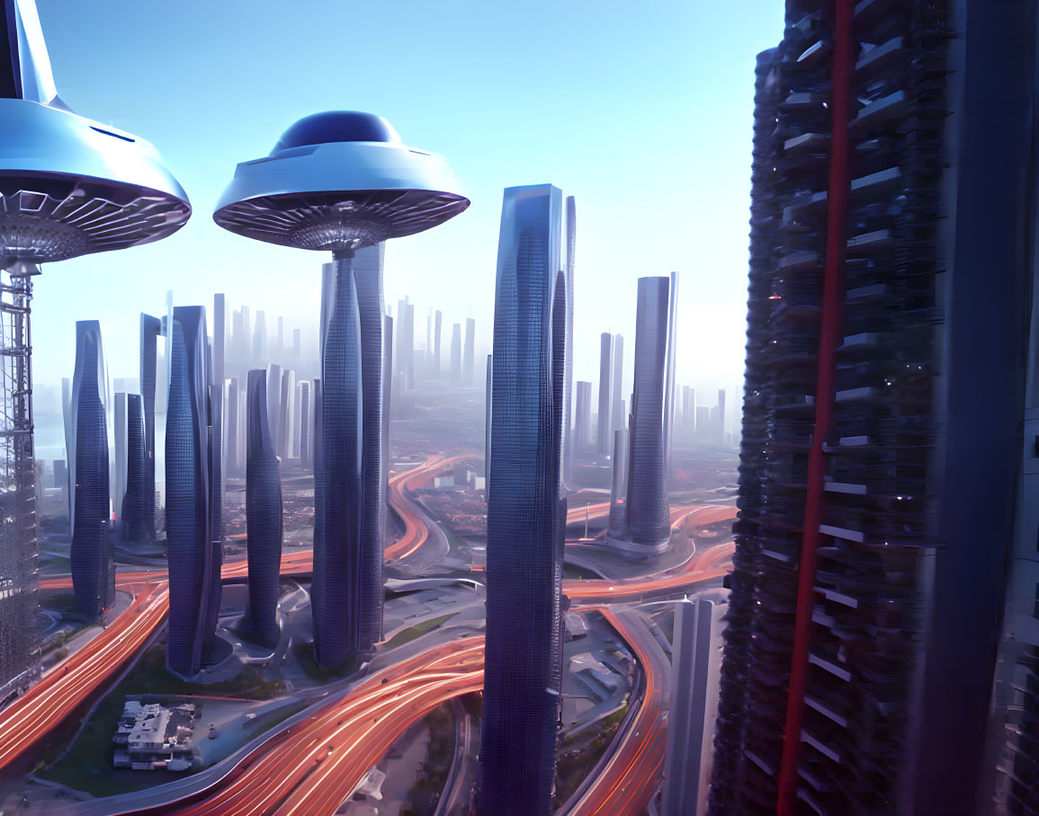 Futuristic city-scape with sleek skyscrapers and flying saucer-like structures