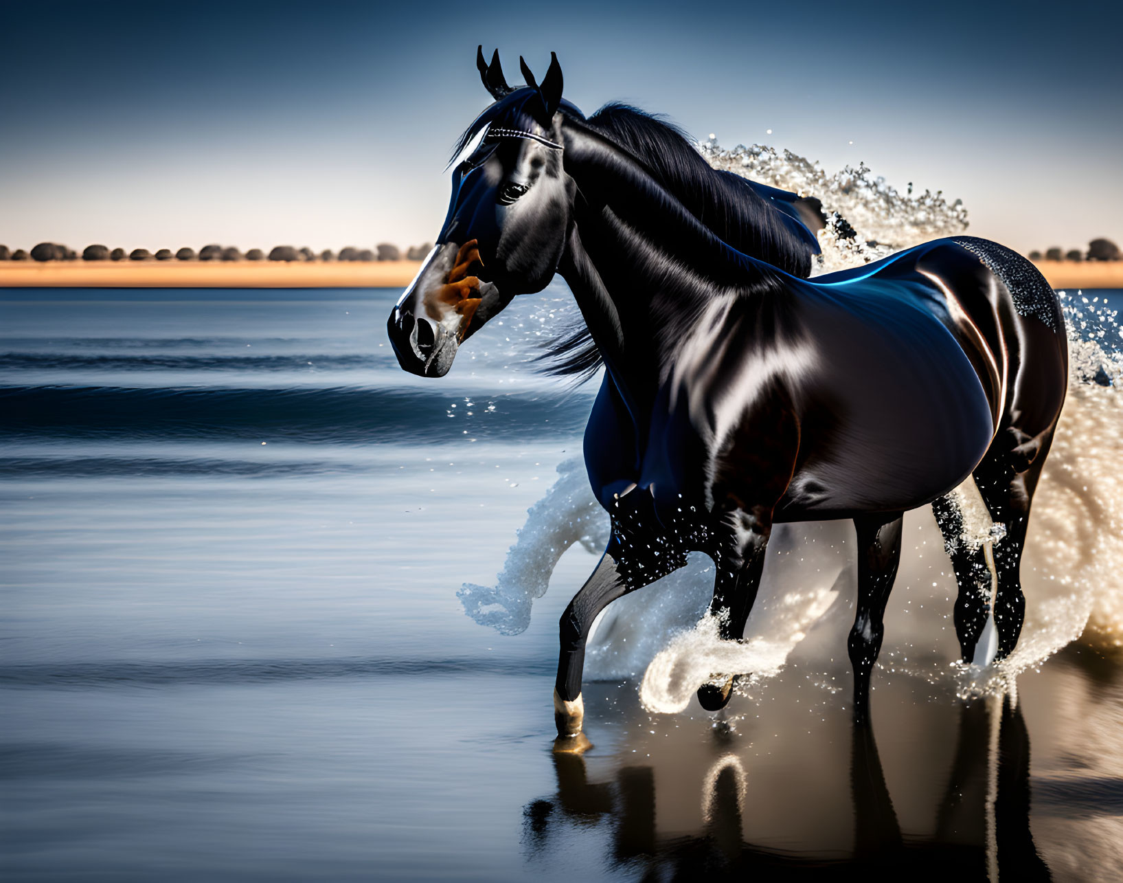 Black Horse Galloping in Shallow Water under Clear Blue Sky