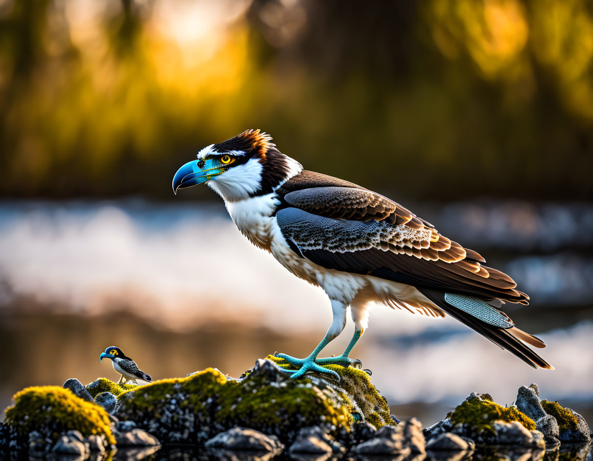 Osprey perched on rocky outcrop with scenic backdrop and small bird.