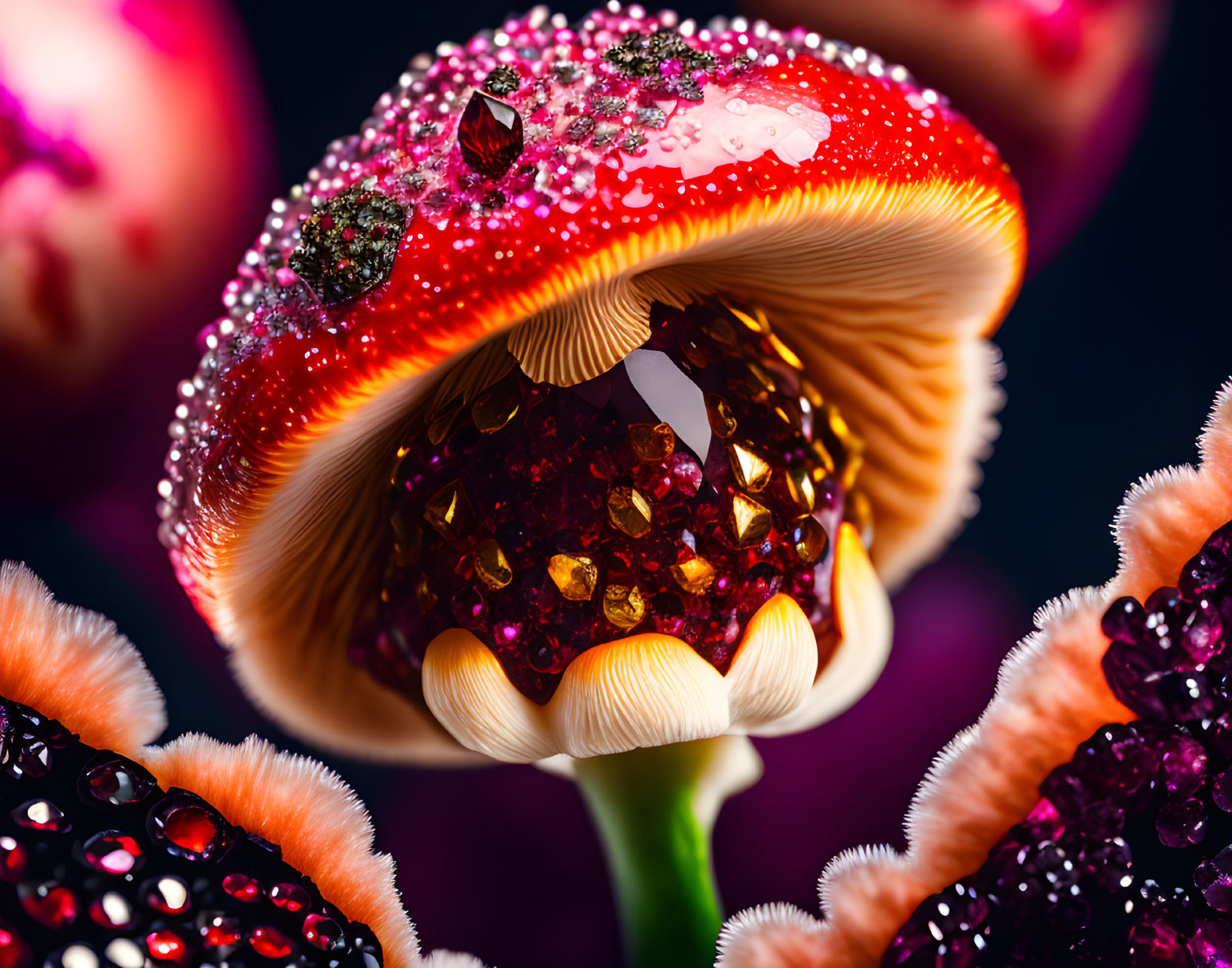 Colorful gemstone-encrusted mushroom in dark setting