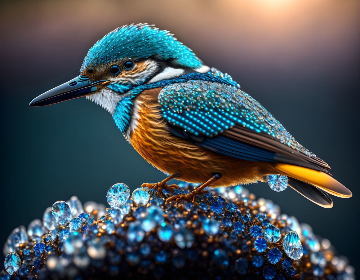 Colorful kingfisher bird perched on dew-covered surface