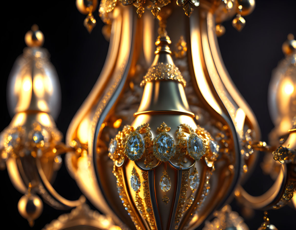 Golden Chandelier with Crystal Embellishments on Dark Background