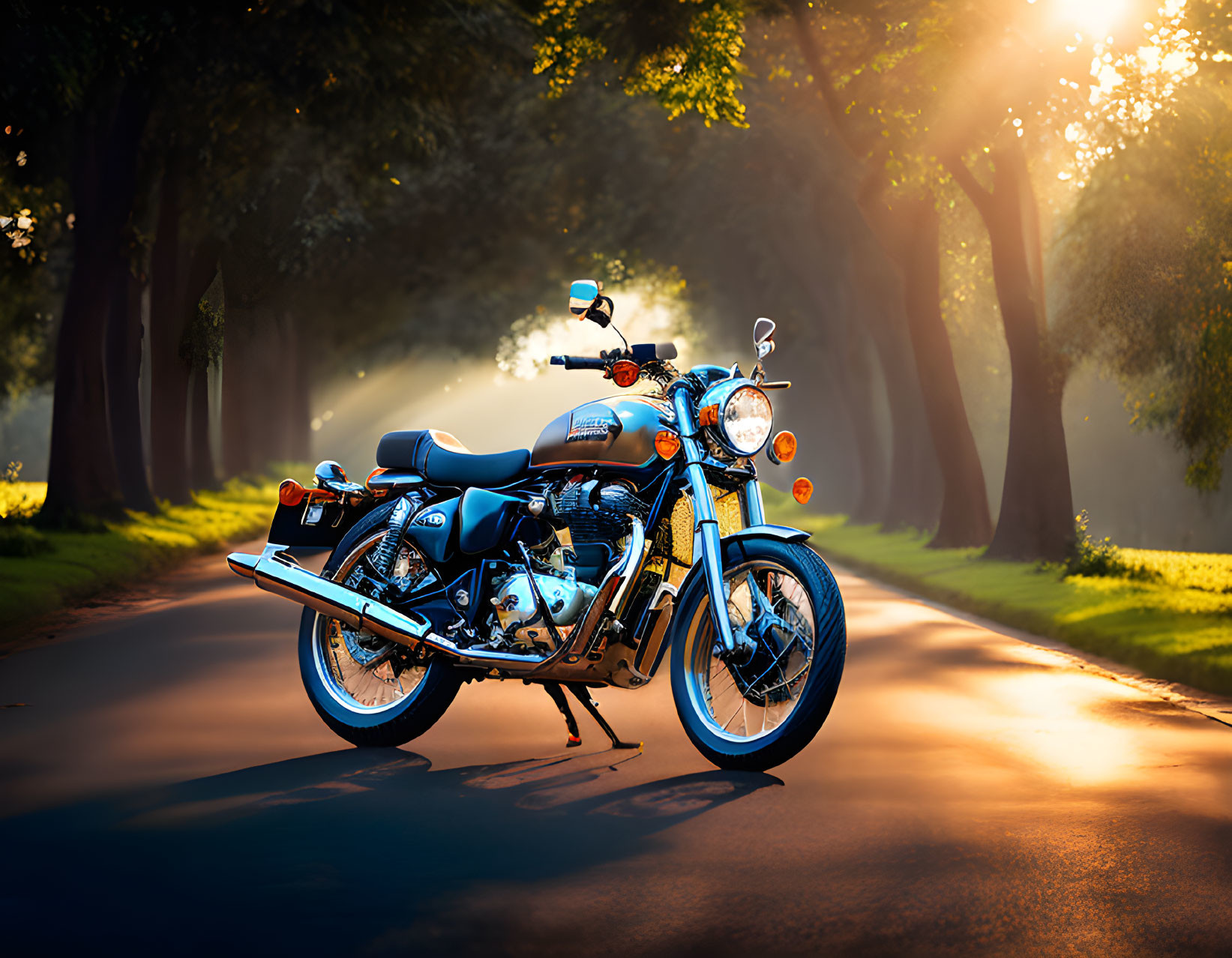 Vintage Motorcycle on Tree-Lined Road at Sunrise