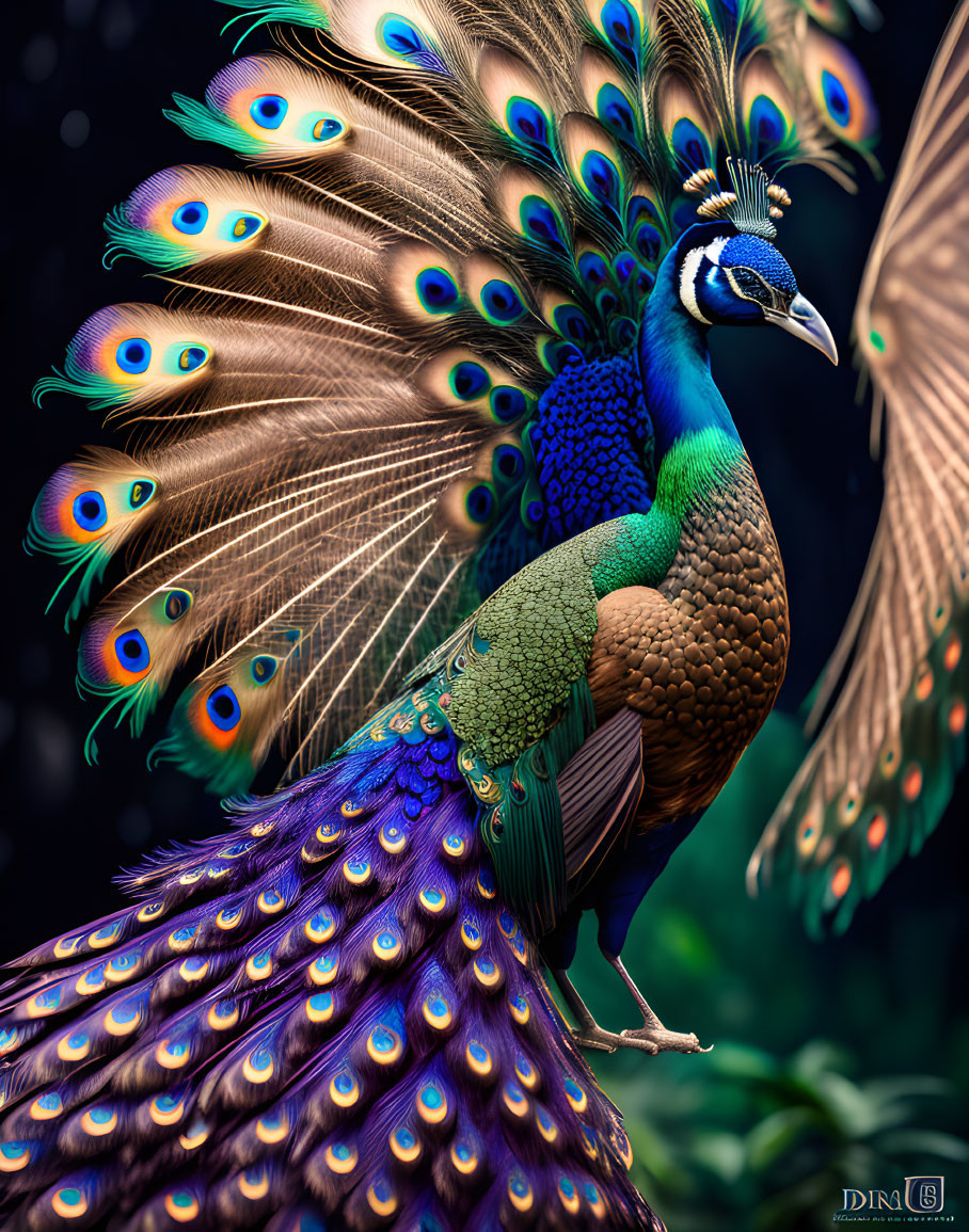 Colorful Peacock with Iridescent Tail Feathers on Dark Background