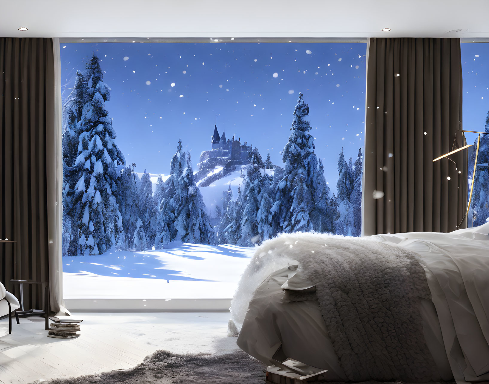 Cozy bedroom with large window view of snowy landscape and castle at night