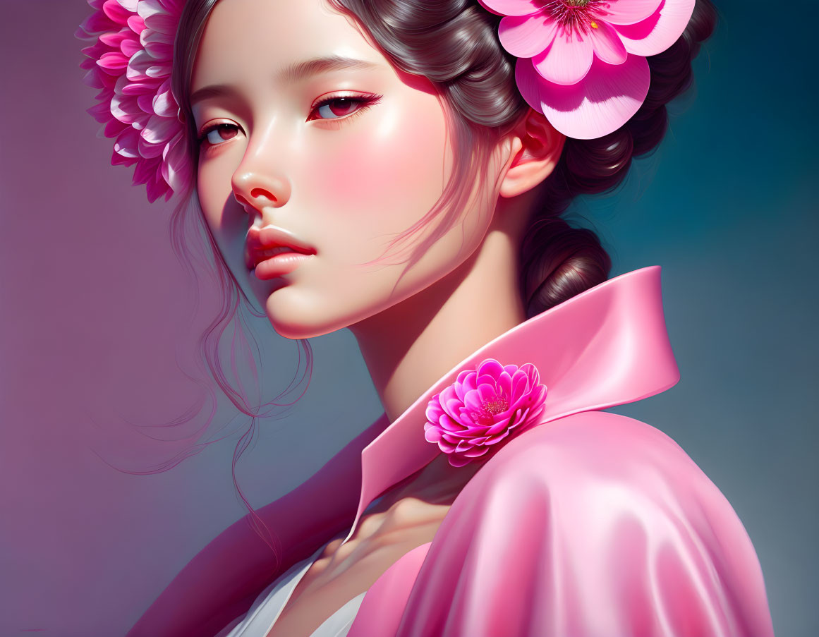 Digital artwork featuring woman with flowers, pink cheeks, and serene charm