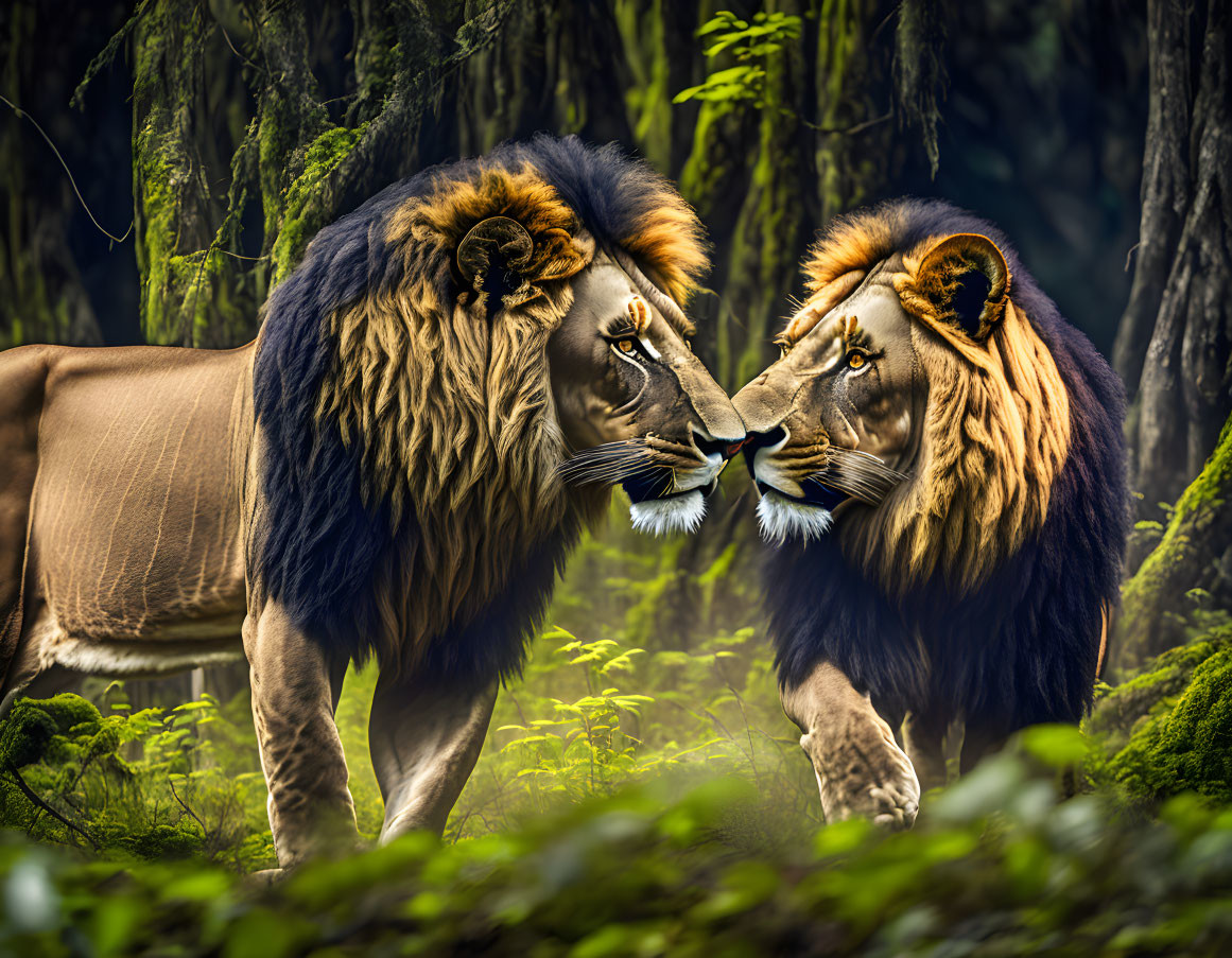 Majestic lions with lush manes in verdant forest intimacy