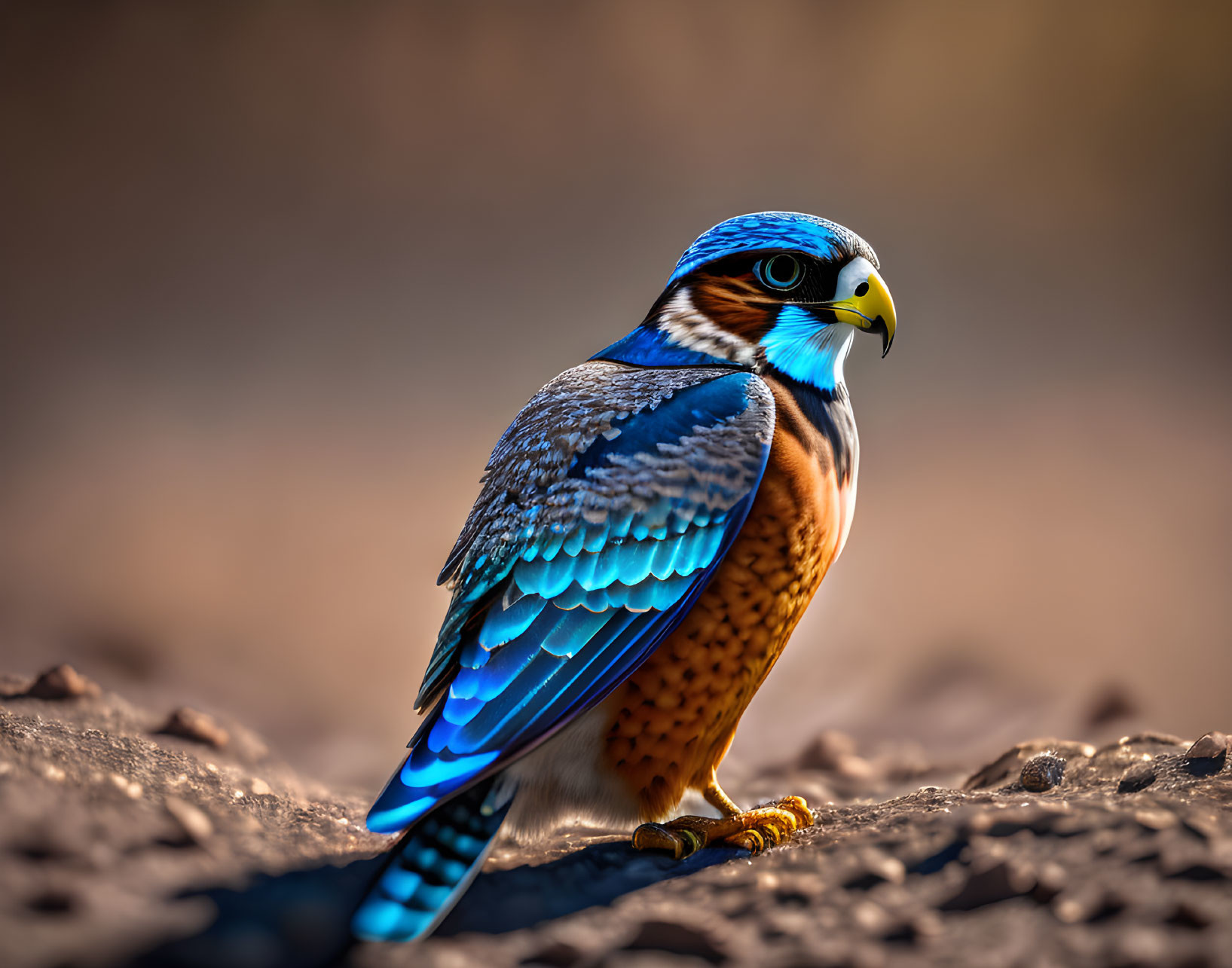 Colorful Bird with Blue and Brown Feathers Standing on Ground