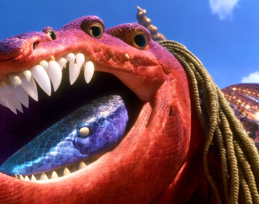 Two animated dragons in vibrant colors against blue sky background