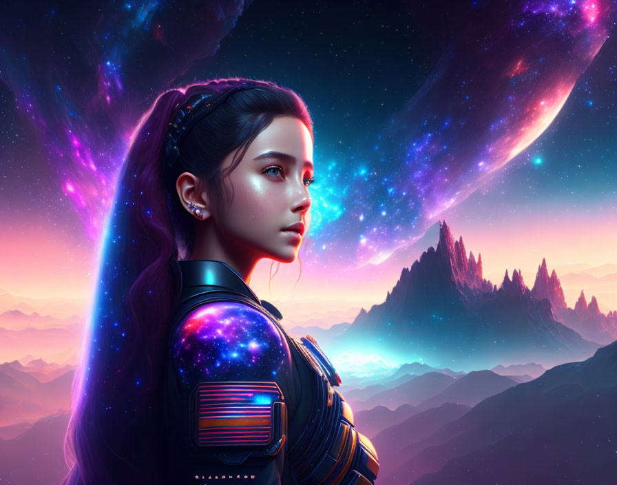 Cosmic-themed digital artwork of a woman in starry landscape