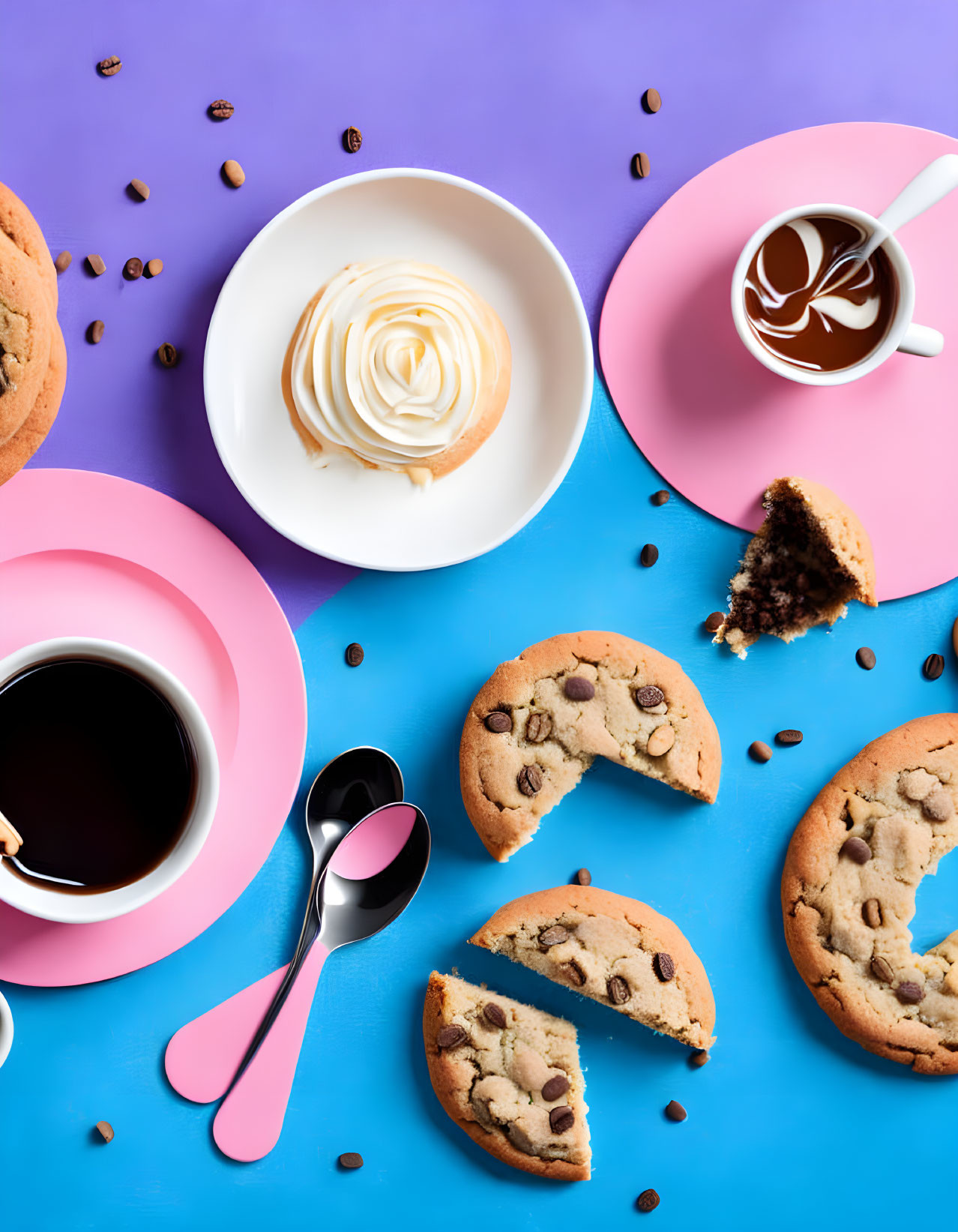 Assorted desserts: chocolate chip cookies, coffee cups, whipped cream pie on colorful plates with coffee beans