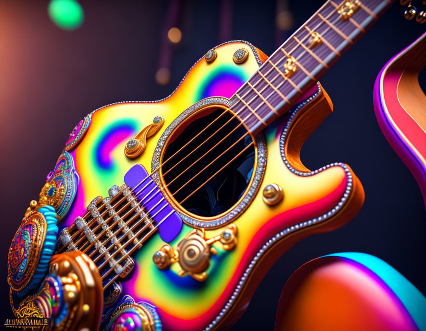 Colorful Psychedelic Electric Guitar on Blurred Musical Background