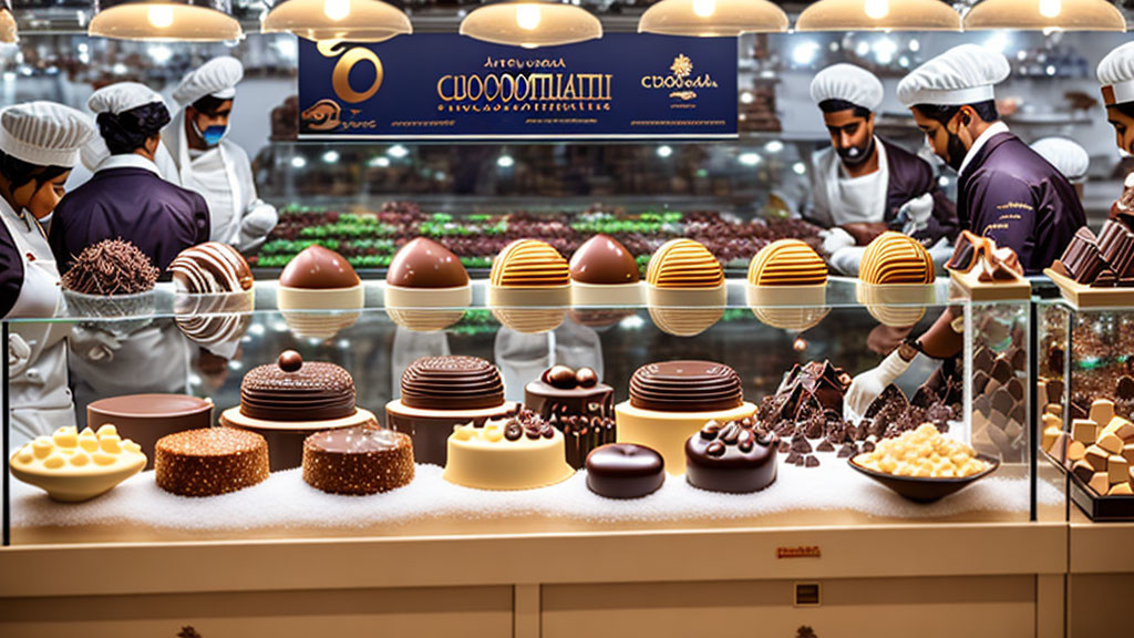 Professional chefs in white uniforms creating chocolate confections in glass display.