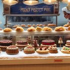 Professional chefs in white uniforms creating chocolate confections in glass display.